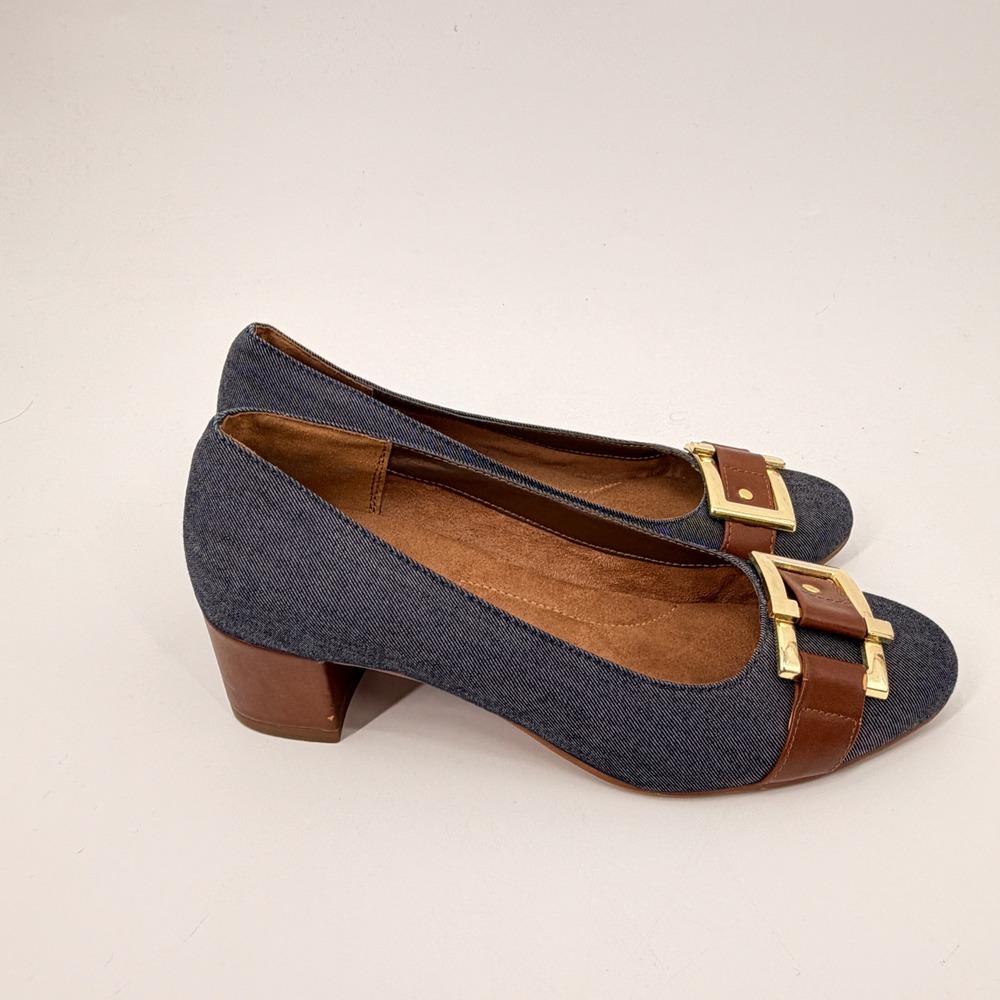 A2 by Aerosoles Pumps Womens 7 Blue Denim Buckle Block Heel Comfort Shoes